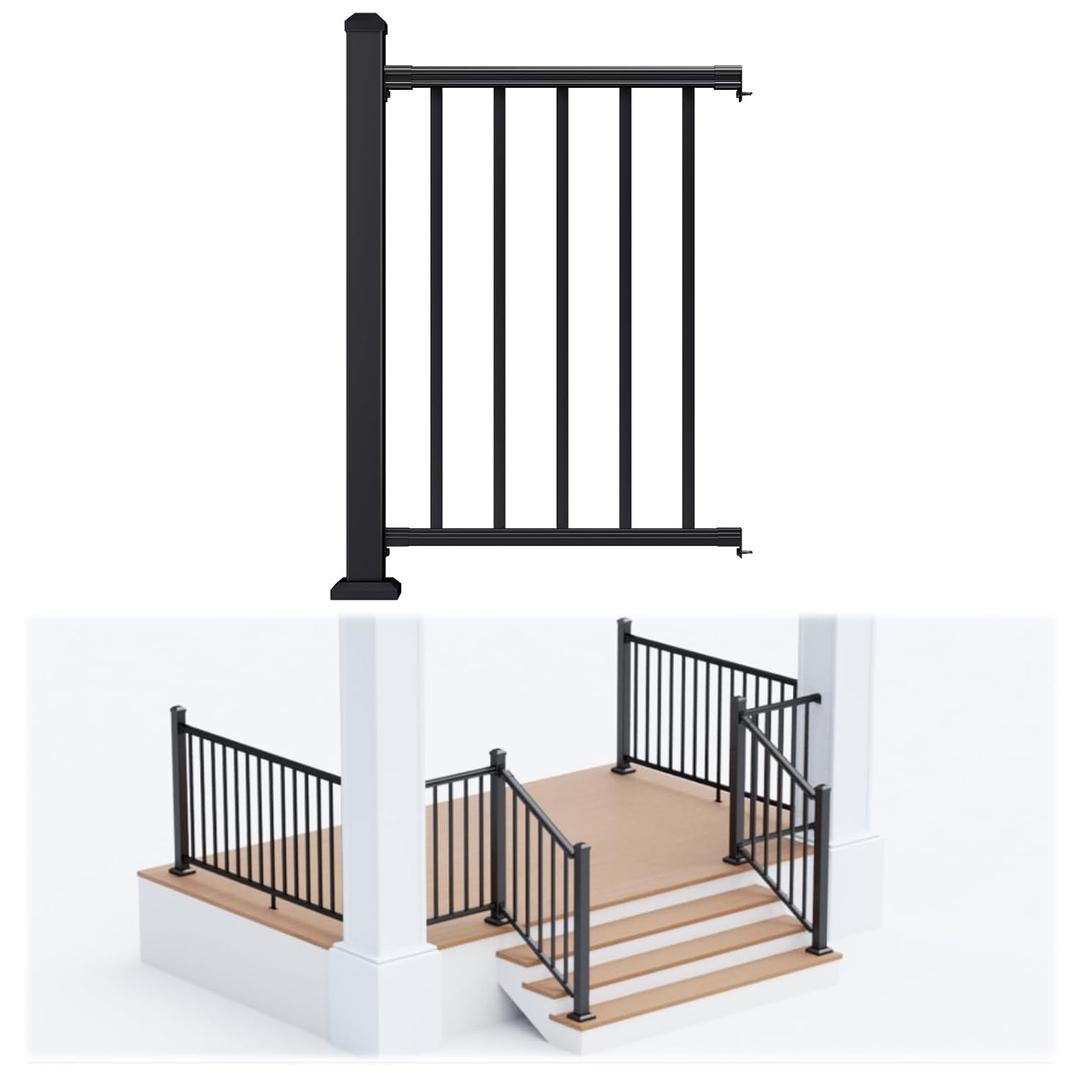 Egadis 36 in. H x 2 ft. W Porch and Deck Railing Kit, Aluminum Railing Kit, Textured AAMA 2604 Powder-Coat Finish Modular Rail System for Outdoor Decks, Porches & Balconies (1 Post, 1 Panel)