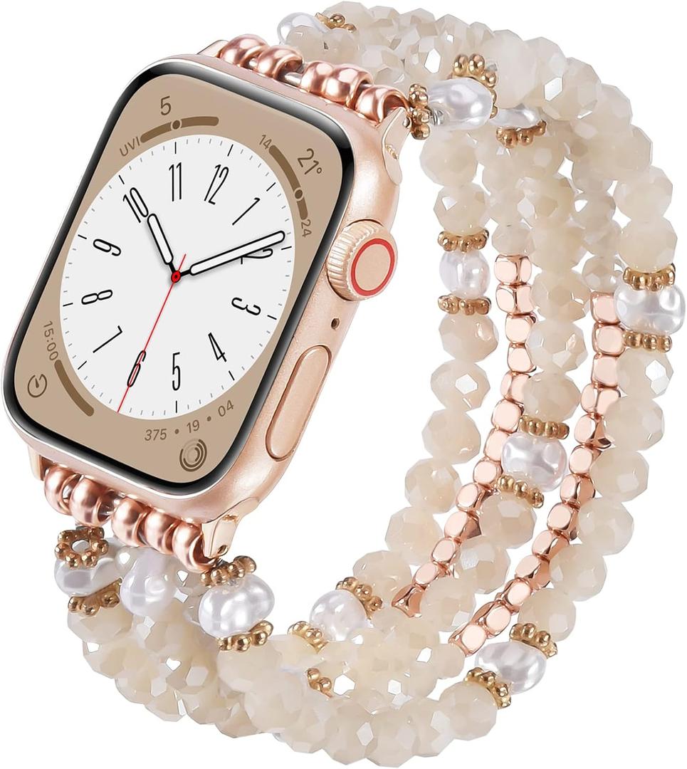 MOFREE Beaded Bracelet Compatible for Apple Watch Band 38mm/40mm/41mm/42mm(Series 10) Women,Fashion Handmade Beads Elastic Stretch Strap for iWatch Series 10/9/8/7/SE/6/5/4/3/2/1 Rose Gold