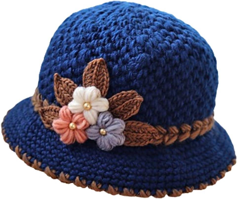 Flower Knit Crochet Fuzzy Bucket Hat Women Winter Warm Beanies Hat Furry Plush Faux Fur Fishing Skull Cap Fishman Hats (Navy)