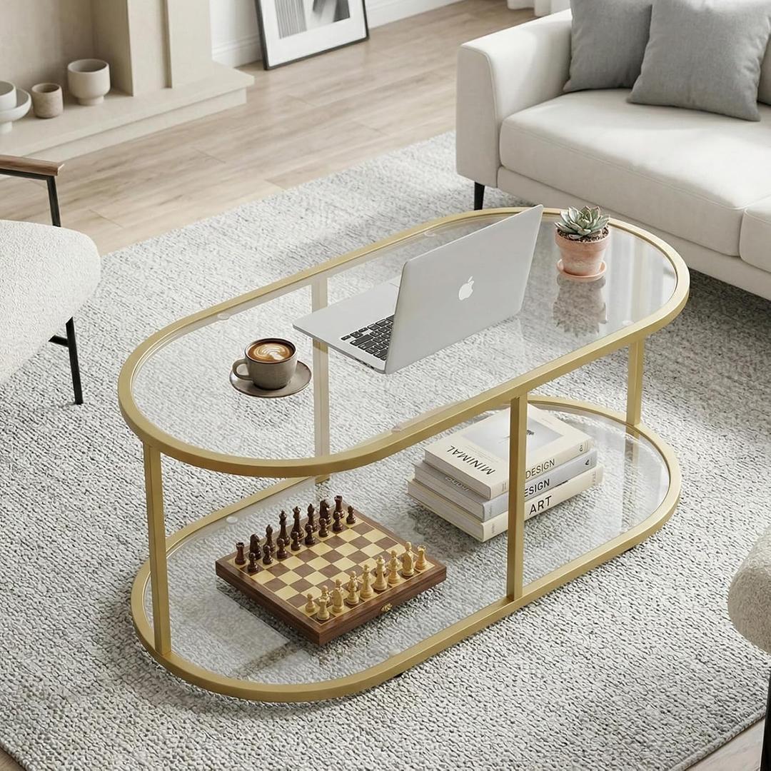Wolawu Coffee Table Gold Glass Coffee Table for Living Room,2 Tiers Oval Center Table with Sturdy Metal Frame,Modern Tempered Glass Accent Table for Bedroom Home Office