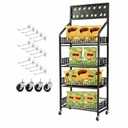 DoubleFill 1 Set 4 Tier Retail Display Rack Shelf Cart with Wheels and 15 Hook Heavy-Duty Metal Snack Potato Chip Display Organizer Concession Stand for Supermarket Grocery Store Home Black, 55.12 x 11 x 20 inches