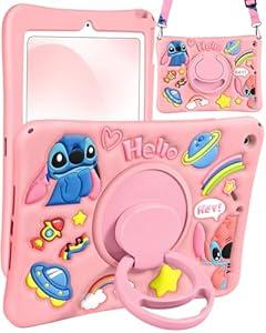 JoySolar for iPad 7th/8th/9th Case - Soft Silicone Cute Cartoon Tablet Cover with Rotating Stand & Detachable Shoulder Strap, Shockproof Tablet Case for Kids Girls, Pink