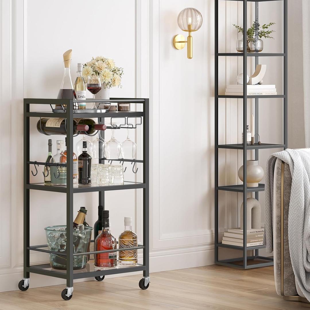 TUTOTAK Bar Cart, Home Bar Serving Cart with 3-Tier Mirrored Shelf, Drink Cart, Mobile Kitchen Shelf with Wine Rack, Rolling Beverage Cart, Black BC01BK033, 3 tier17"W)