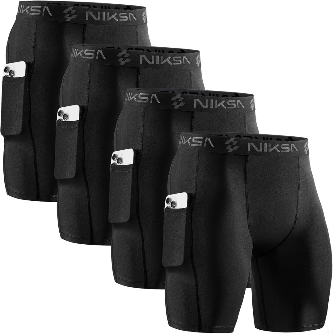Niksa 2/4 Pack Compression Shorts Men with Pocket, Spandex Running Shorts Sport Athletic Workout Performance Underwear XL
