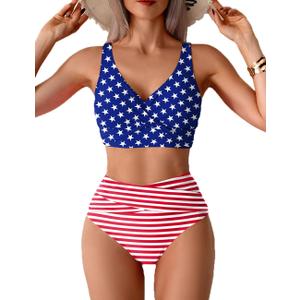 Tainehs Women's Two Piece Bikini Sets V Neck Push Up Swimsuit High Waisted Tummy Control Bathing Suit American Flag M