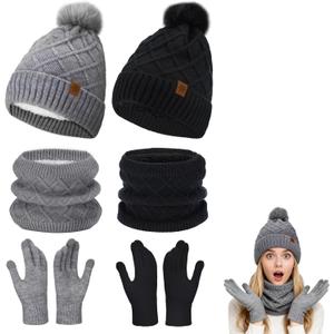 MEWTOGO Thick Fleece Winter Warmer Breathable Beanie Neck Gaiter Touchscreen Gloves Set for Women Gifts, 2 Sets (Black)