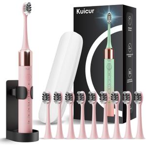 Kuicur Sonic Electric Toothbrush for Adults & Kids, Rechargeable Electric Toothbrush with 10 Brush Heads & Travel Case, Teeth Whitening, Power Tooth Brush with Holder, Charge for 120 Days - Pink