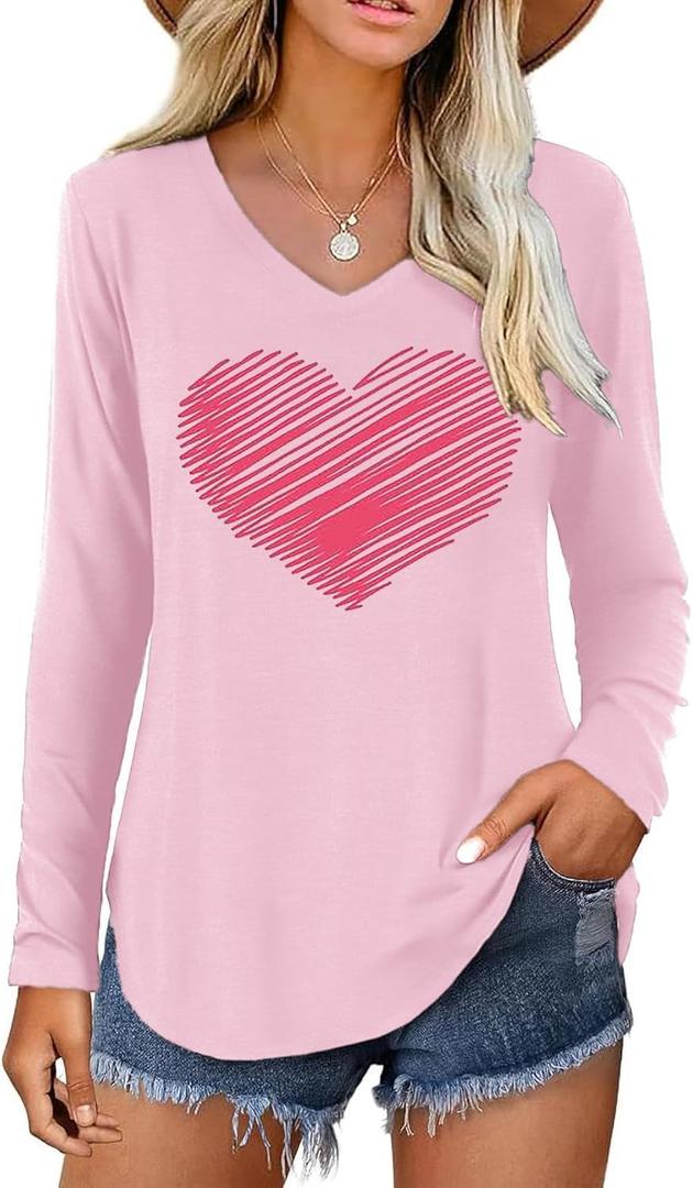 Valentine V Neck Shirt for Women Cute Love Heart Long Sleeve Casual Tee Tops (Pink, L)