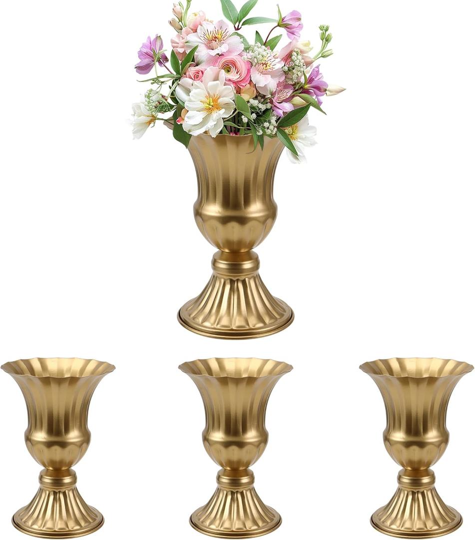 MCMCNCUIU Gold Vases for Centerpieces Set of 4, Urn Vases for Flowers, Vintage Pedestal Vase for Wedding Centerpieces, Metal Trumpet Vase for Wedding Table, Party, Home, Anniversary Decoration