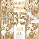 Trgowaul 35th Birthday Decorations for Women, Banner, Sash and Crown, Cake Topper, 35 Number Balloon, Fringe Curtains, Champagne Gold 35th Birthday Party Supplies