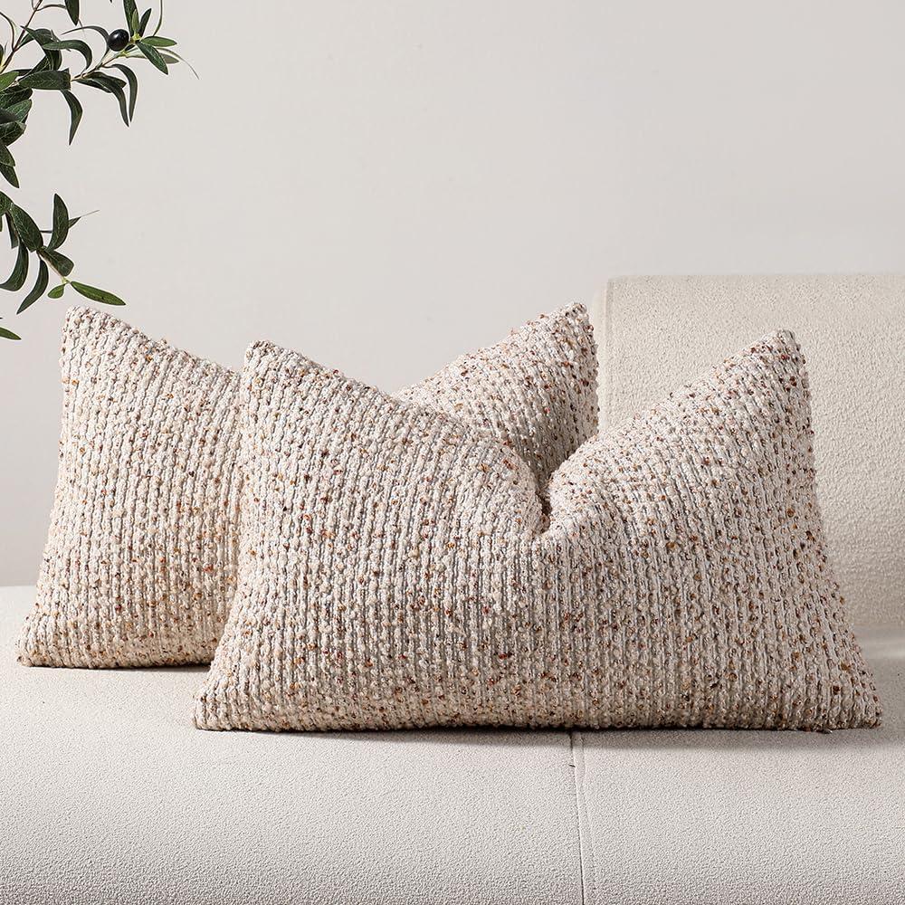 DEZENE Striped Throw Pillow Covers 12x20 Set of 2 Beige Textured Boucle Chic Morden Boho Accent Farmhouse Rectangular Lumbar Decorative Couch Pillow Covers for Home Decor Bed Sofa Living Room