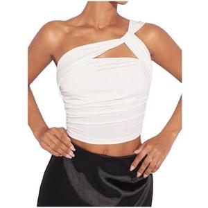 SOLY HUX Women's One Shoulder Tank Top Sleeveless up Out Ruched Going Out Fitted Crop Tops, size Small