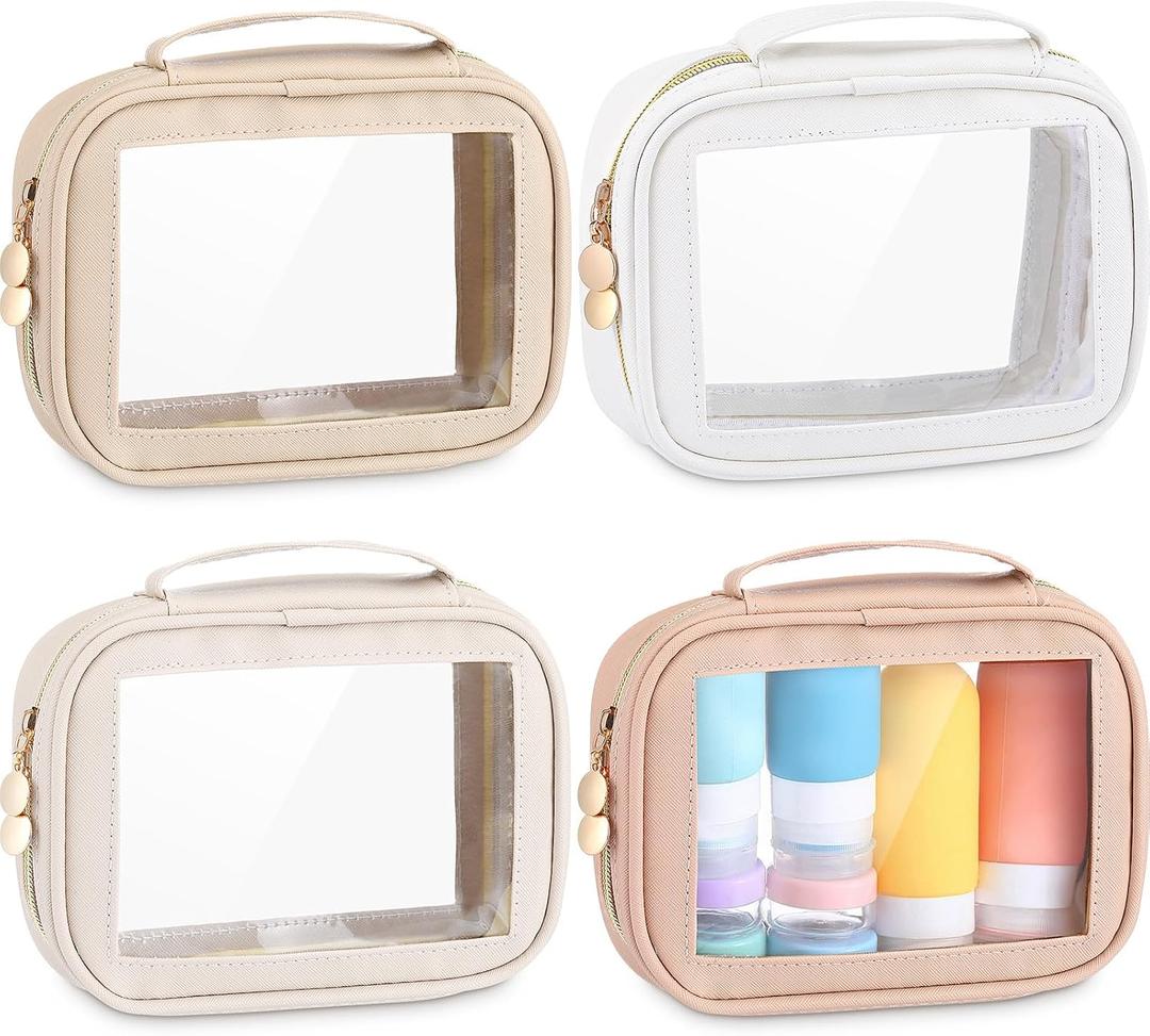 Kigeli 4 Pcs Clear Makeup Bags for Car Essential, Waterproof Clear Travel Toiletry Organizer Leather Makeup Bags with Handle Zipper, Small Cosmetic Pouch Set for Women Car Gift(Nude Color)