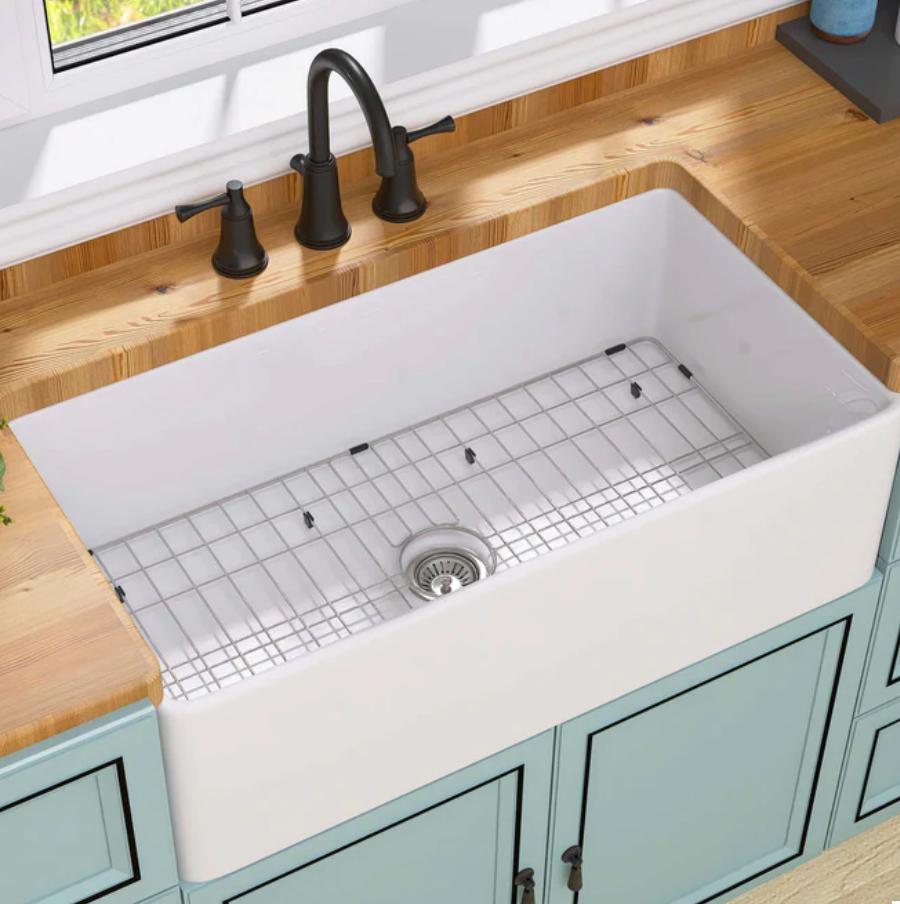 BESTGO White Farmhouse Sink 33 inch Fireclay Apron Front Farm Sink Large Capacity Deep Single Bowl Kitchen Sinks with Accessories Protective Bottom Grid and Strainer