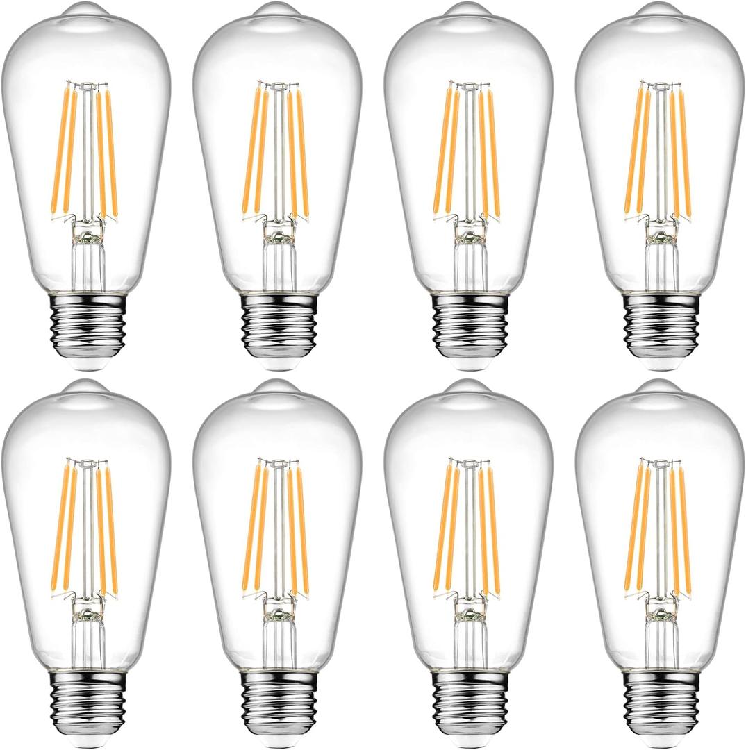 Ascher Vintage LED Edison Bulbs, 6W, Equivalent 60W, Non-Dimmable, Warm White 2700K, ST58 Antique LED Filament Bulbs with 80+ CRI, E26 Medium Base, Clear Glass, Pack of 8
