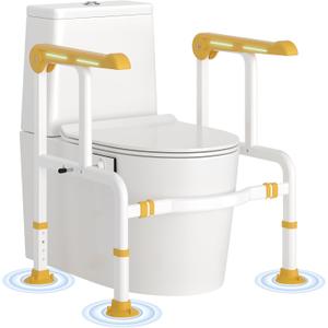 Toilet Safety Rails for Elderly & Disabled with Glow-in-the-Dark Handles, 450 lbs Heavy-Duty Frame, Flip-Up Arms, Dual Lock (Suction & Clamp), Adjustable No-Wobble Support, Yellow