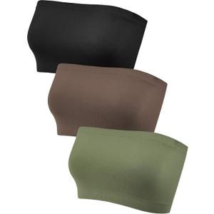HESTYA 3 Pack Women's Strapless Bandeau Bra Seamless Bralette Soft Stretchy Non-Padded Wireless Tube Top Bras, Black, Coffee, Dark Green, Large