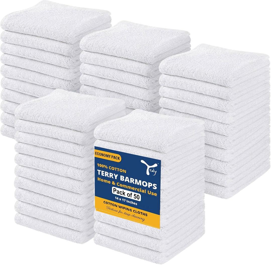 Terry Bar Mop Towels (Pack of 50)  100% Cotton White Bar Towels, 14x17 Inches, Absorbent & Quick Dry, Reusable Cleaning Cloth for Commercial Kitchen, Restaurant & Home Use