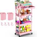 Goovilla 4 Tier Rolling Utility Cart Organizer with Removable Drawer, Stable and Sturdy Pink Rolling Storage Carts with 2 Lockable Wheels for Bathroom, Kitchen, Snack, Craft, Makeup, Baby Essentials