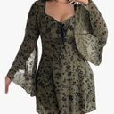 Women's Plus Size Floral Sweetheart Neck Mini Neck Dress Bow Tie Knot Long Sleeve Flowy Boho Dresses, XL