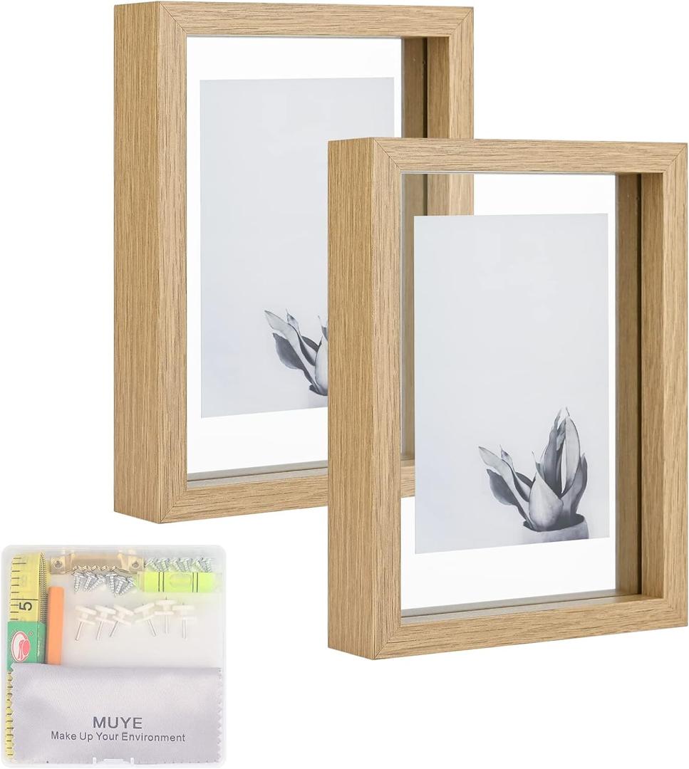 MUYE 5x7 Floating Frame Set of 2,Double Glass Rustic Photo Frame for Wall Hanging or Tabletop Standing, Also Display 4x6 or 3x5 Photo for Floating Effect, Natural