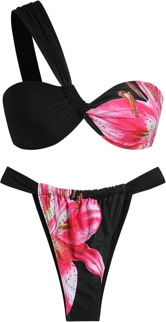 ZAFUL Women's One Shoulder Bikini Twisted Ruched High Cut Bandeau Bikini Set Two Piece Swimsuit, (6-Flower Black, M)