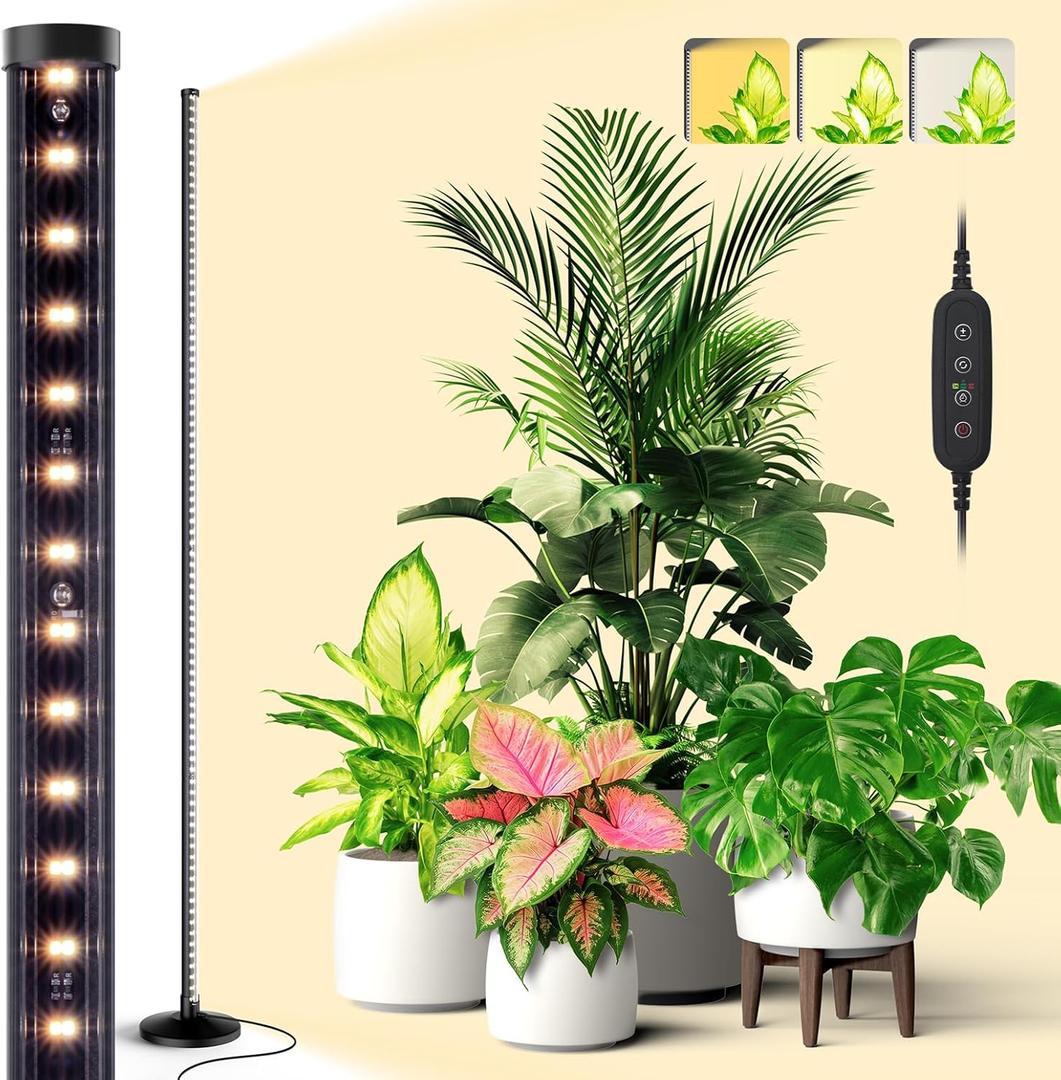 Standing Grow Light for Indoor Plants - T10 Full Spectrum Vertical Grow Light Wide Illumination, 16in-65in Adjustable Height Floor Lamp with Stand, 3 Light Modes & Timer