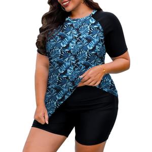 Tralilbee Women's Plus Size Tankini Swimsuits Rash Guard Capris Short Sleeve Color Block Bathing Suits with Shorts, Color508, 3X