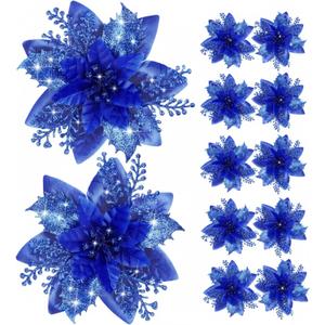 Canlierr 12 Pieces 5.7 Inch Christmas Poinsettia Flower Christmas Glitter Artificial Flower with Clips Xmas Tree Ornament for Wreath Garland Party Decor (Royal Blue)
