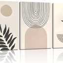 3 Pcs Framed Boho Sage Canvas Wall Art Geometric lines leaves sun beige Wall Decor Pictures Minimalist Poster Prints for Living Room Bedroom Bathroom Home Decoration 16x24 in