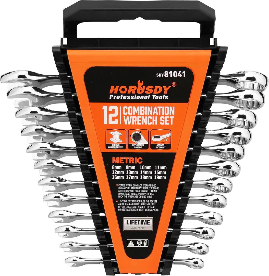 HORUSDY 12-Piece Metric Wrench Set | Combination Wrench Set with Organizer | 12 Point | 8mm - 19mm | Chrome Vanadium Steel