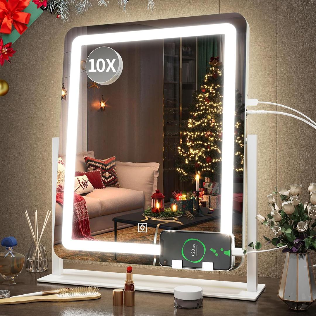 FENNIO Vanity Mirror with Lights 22 Inch- LED Lighted Makeup Mirror,Large Makeup Mirror with Lights,Touch Screen with 3-Color Lighting,Led Mirror Makeup,Dimmable(White) (22"L x 19"W, White)