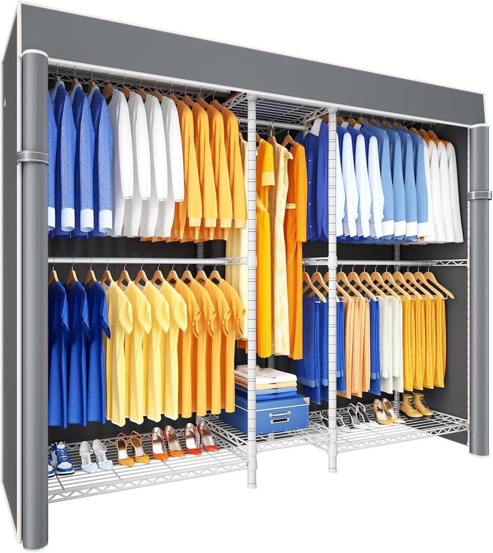 Ulif E12C Pro Heavy Duty Closet Organizer SystemFreestanding Clothing Racks for Hanging ClothesAdjustable Garment Rack 71"W x 16"D x 76.5"H Hold 960lbsWhite Clothing Rack with Grey Dustproof Cover