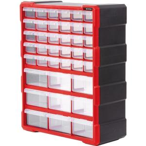 INTERTOOL Small Parts Hardware Organizer - 39 Removeable Drawer Bins & Dividers - Screw Storage Tool Box with Wall Mounts for Garage & Shop - For Bolts, Craft Beads, Legos - 19 x 15 x 7 BX08-4013