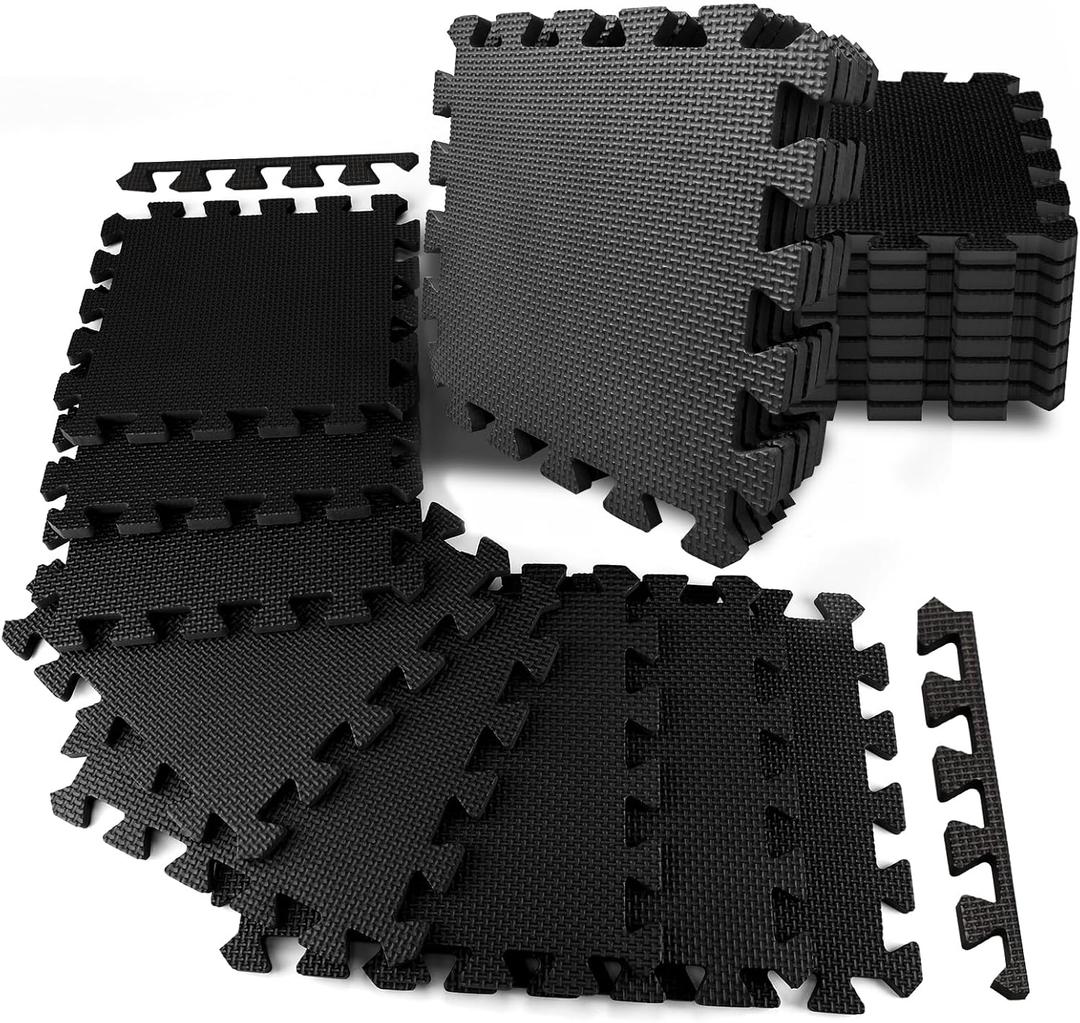 20 Tiles EVA Interlocking Floor Mats, 12＂× 12＂ Thick Home Gym Flooring Mats, 20 Sq Ft Black Foam Tiles for Yoga, Workout, Jump Rope, Gym Equipment, Corner Layout, Play Area