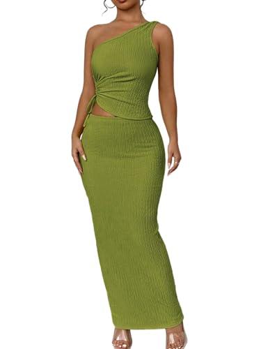 Narecte Womens Two Piece Skirt Set One Shoulder Cutout Backless Top and Maxi Skirt Bodycon 2 Piece Outfit Summer Sets Green M