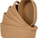 CubesLand Small Cotton Rope Storage Basket Set 5, Shelves Baskets for Organizing with Handle, Decorative Closet Storage Bins for Countertop Toilet Paper Basket for Toilet Tank Top, Brown Basket