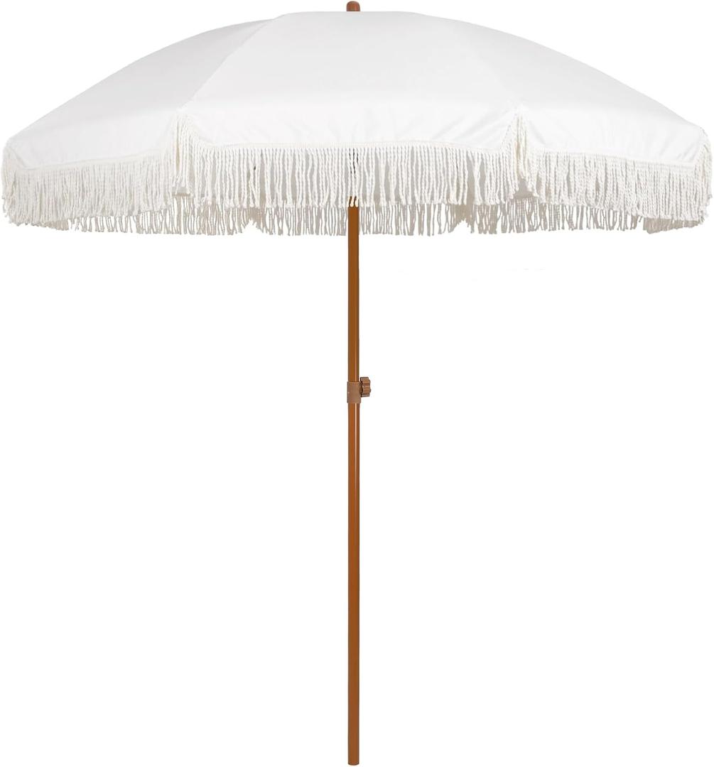 AMMSUN 7ft Patio Umbrella with Fringe Outdoor Tassel Umbrella UPF50+ Premium Steel Pole and Ribs Push Button Tilt, Cream White AMMSUN 7ft Patio Umbrella with Fringe Outdoor Tassel Umbrella UPF50+ Premium Steel Pole and Ribs Push Button Tilt, Cream White