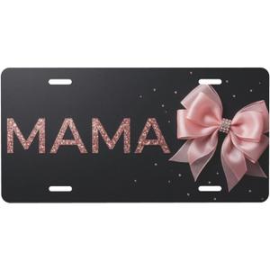 Mama Bowknot License Plate Car Tag Front Pink Bling Shimmer Art 6x12 | Heavy duty rustproof aluminum shield with 4-hole setup offers fast vehicle bumper mounting without drilling