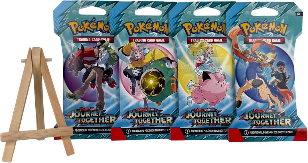 Pokmon TCG: Journey Together Complete Art Set (4 Sleeved Booster Packs) + Exclusive Keep it Minty Card Display Easel  Collector Bundle