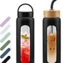 WINSA 24 oz Glass Water Bottle, Glass Tumbler with Straw, Reusable Drinking Bottles with 2 Lids-Handle Lid&Bamboo Straw Lid, Silicone Sleeve, for Sports, Home,1 Pack-Black