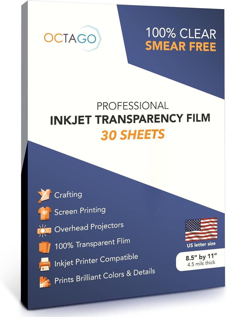 Inkjet Transparency Film - Inkjet Transparent Paper for Overhead & Screen Printing - Thick Transparency Sheets & Printable Plastic Sheets for Crafts - 8.5 x 11 Inches, Pack of 30