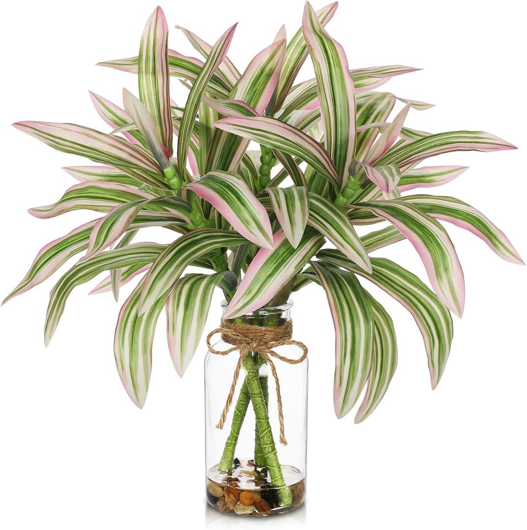 Faux Greenery Stems in Vase Dracaena Aritificial Plant in Glass Vase with Faux Water & Stones 15.7" Small Potted Plants Arrangement Centerpieces for Farmhouse Kitchen Dinner Tables Greenery Decor