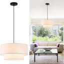 18" Drum Pendant Light Fixture, 3 Light Drum Chandelier with Wihte Fabric Lampshade, 2 Tier Dining Room Light Fixtures over Table, Ceiling Drum Chandeliers for Dining Room, Bedroom and Living Room, Hardwired