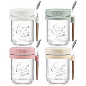 4 Pack Overnight Oats Containers with Lids and Spoons, 16 oz Glass Mason Jars with Airtight Lids, Overnight Oats Jars for Milk, Cereal, Fruit