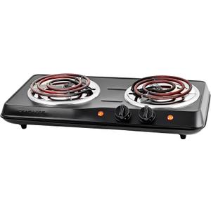 OVENTE Electric Countertop Double Burner, 1700W Cooktop with 6" and 5.75" Stainless Steel Coil Hot Plates, 5 Level Temperature Control, Indicator Lights and Easy to Clean Cooking Stove, Black BGC102B