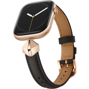 WFEAGL Leather Band Compatible with Apple Watch Bands Women 38mm 40mm 41mm 42mm(Series 11/10),Dressy Slim Grain Genuine Leather band for iWatch SE Series 11/10/9/8/7/6/5/4/3/2/1-Black/RoseGold