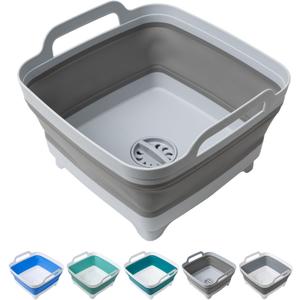 Tiawudi Dishpan for Washing Dishes, 2.4Gal/9L Wash Basin with Draining Plug Carry Handles, Collapsible Bucket for Cleaning, Portable Sink, Foldable Plastic Tub, 1PC (All Grey)