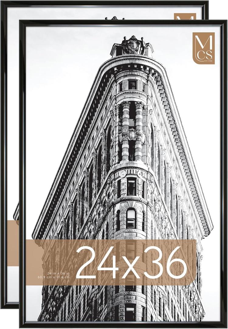 MCS Trendsetter 24x36 Poster Frame Black High-Gloss, Vertical & Horizontal Wall Hanging Large Picture Frame for Photos, Posters & Art Prints (2-Pack)