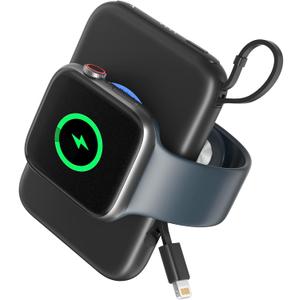 Portable Wireless Charger for Apple Watch 9/8/Ultra//4/37/6/5/2/SE, 5000mAh Magnetic iWatch Charger Power Bank with Built in Cable - Travel for All Apple iWatch & iPhone, Black